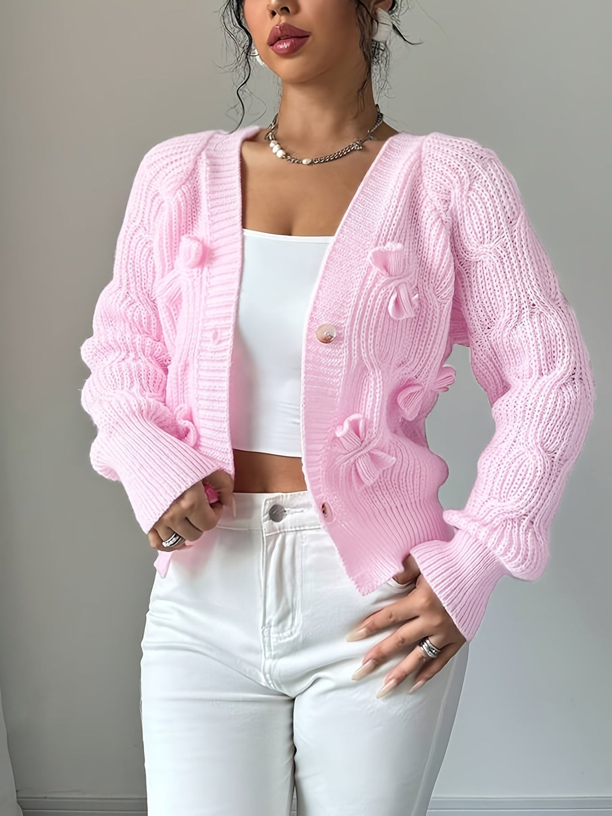 Cute Bow Tie V-Neck Cardigan