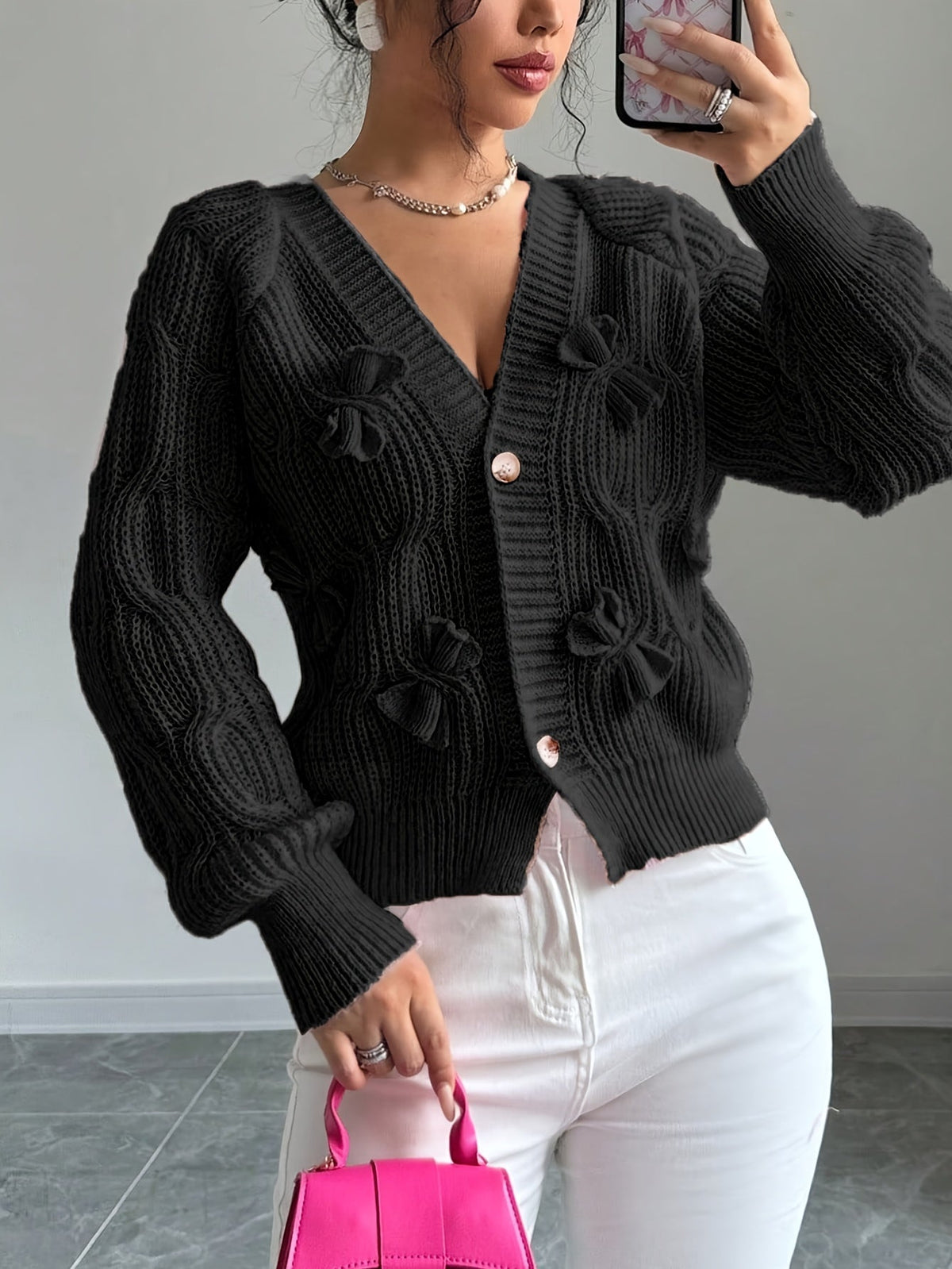 Cute Bow Tie V-Neck Cardigan