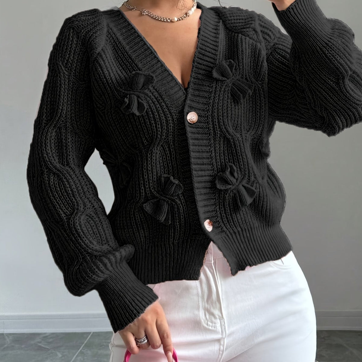 Cute Bow Tie V-Neck Cardigan