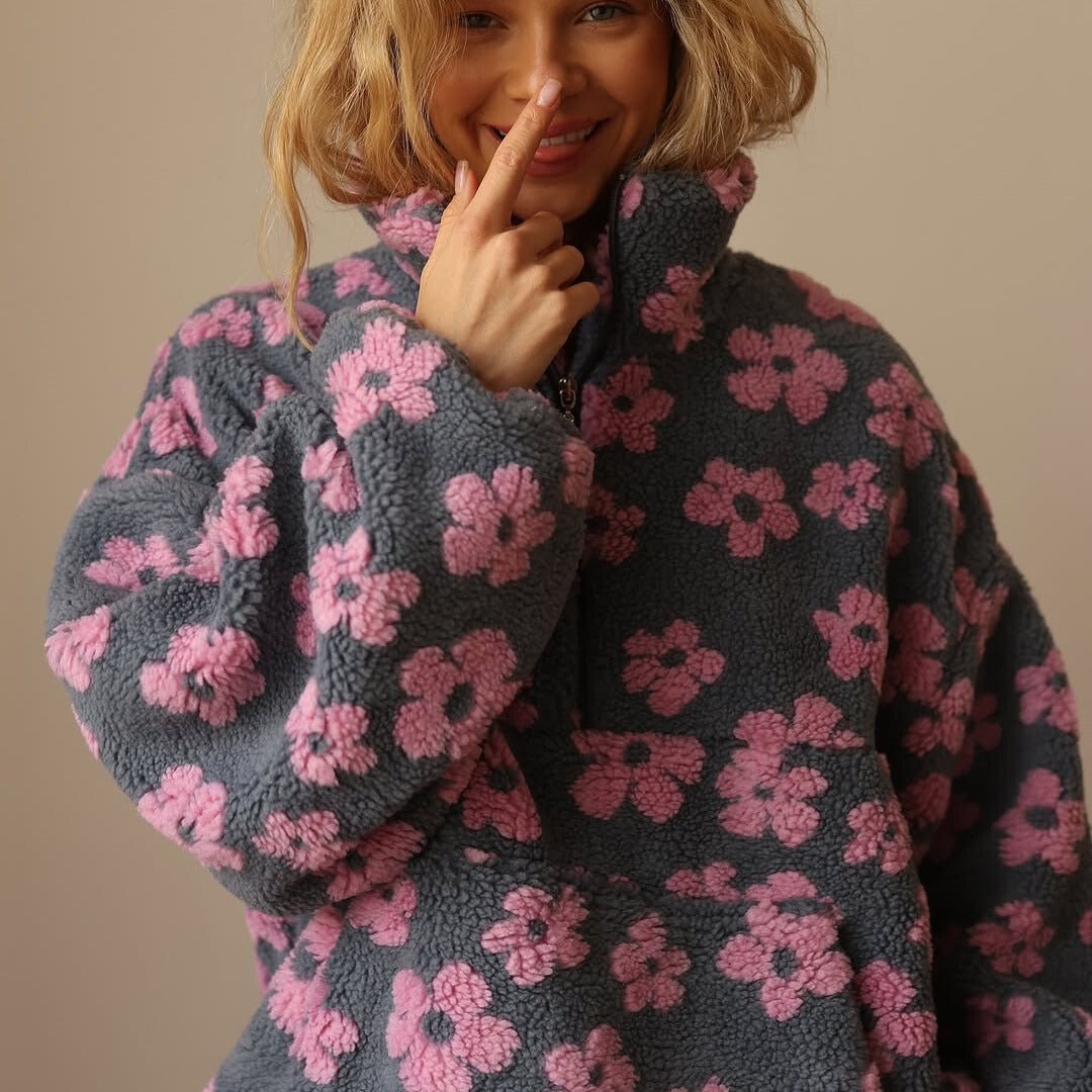 Cozy Floral Half Zip Teddy Jacket