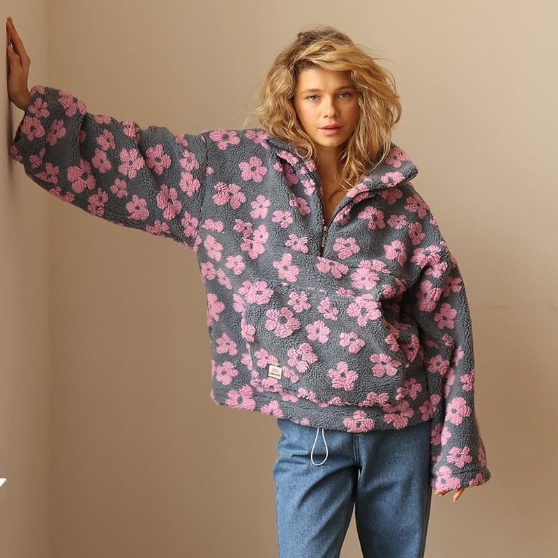 Cozy Floral Half Zip Teddy Jacket