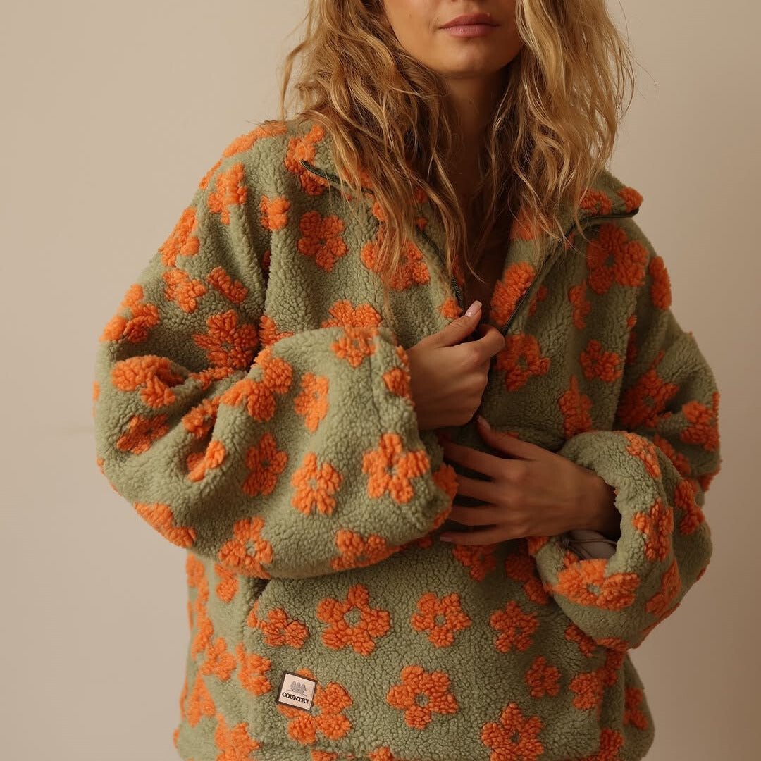 Cozy Floral Half Zip Teddy Jacket