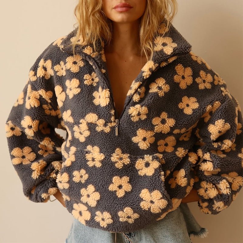 Cozy Floral Half Zip Teddy Jacket